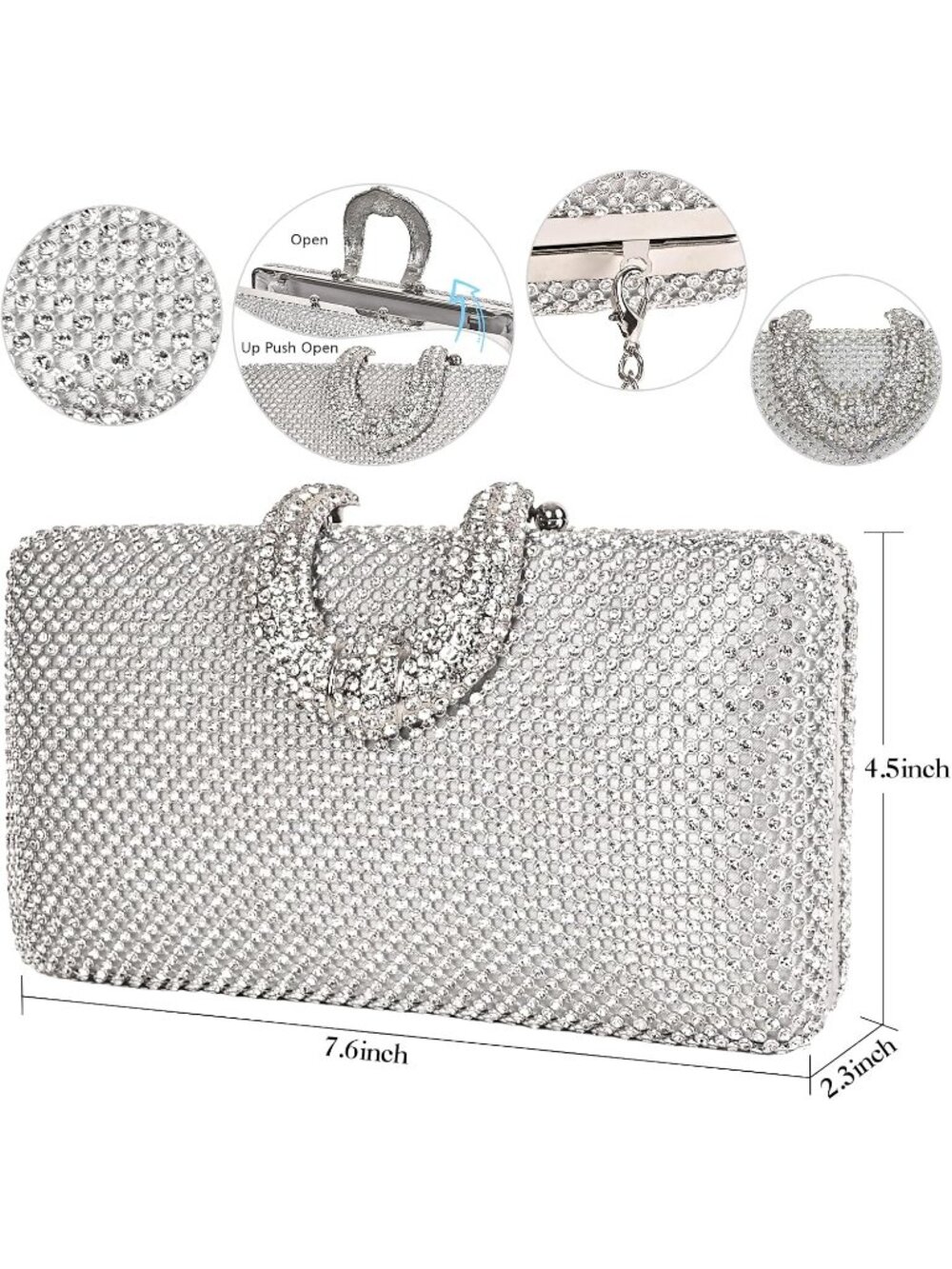 ๐ Women's Silver Party Dressy Handbag Sparkly Rhinestone Crystal Evening Clutch - Picture 6 of 6